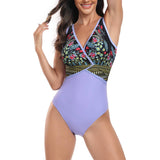 Floral V Neck Color Block One Piece Swimsuits - MVTFASHION.COM