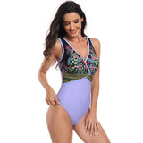 Floral V Neck Color Block One Piece Swimsuits - MVTFASHION.COM