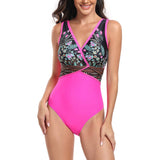 Floral V Neck Color Block One Piece Swimsuits - MVTFASHION.COM