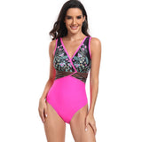 Floral V Neck Color Block One Piece Swimsuits - MVTFASHION.COM