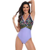 Floral V Neck Color Block One Piece Swimsuits - MVTFASHION.COM