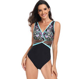 Floral V Neck Color Block One Piece Swimsuits - MVTFASHION.COM