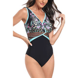 Floral V Neck Color Block One Piece Swimsuits - MVTFASHION.COM