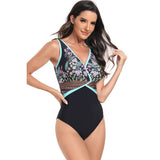 Floral V Neck Color Block One Piece Swimsuits - MVTFASHION.COM