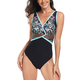 Floral V Neck Color Block One Piece Swimsuits - MVTFASHION.COM