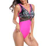 Floral V Neck Color Block One Piece Swimsuits - MVTFASHION.COM