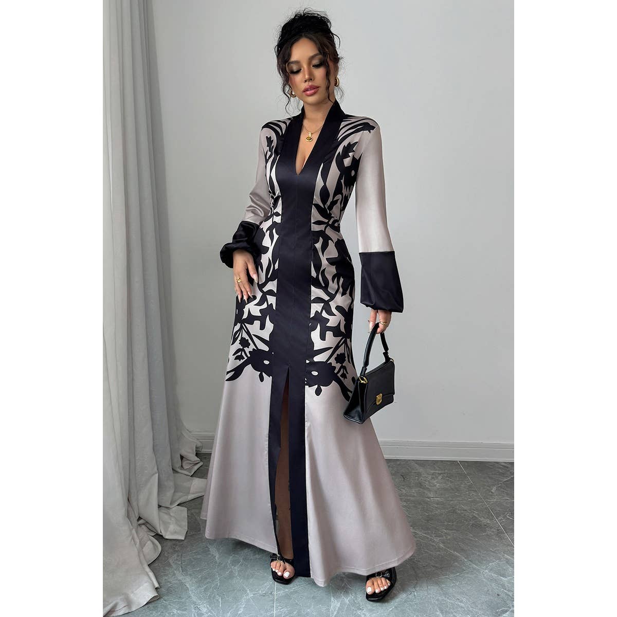 Floral V Neck Fit Long Lantern Sleeve Dress - MVTFASHION.COM