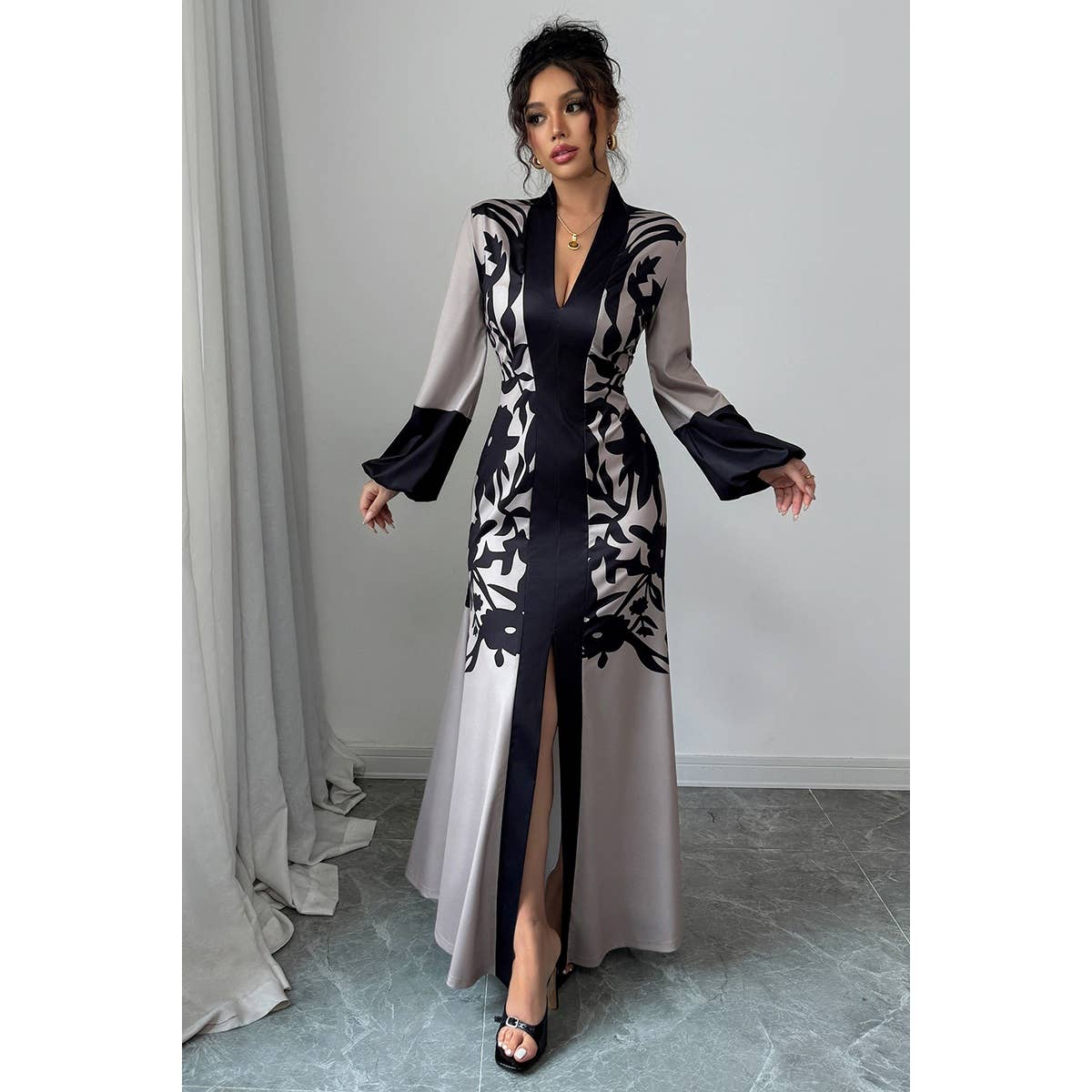 Floral V Neck Fit Long Lantern Sleeve Dress - MVTFASHION.COM