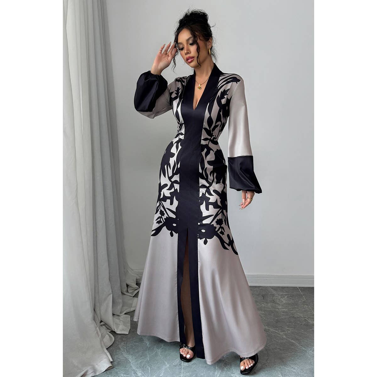 Floral V Neck Fit Long Lantern Sleeve Dress - MVTFASHION.COM