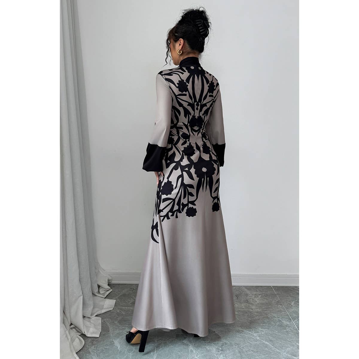 Floral V Neck Fit Long Lantern Sleeve Dress - MVTFASHION.COM