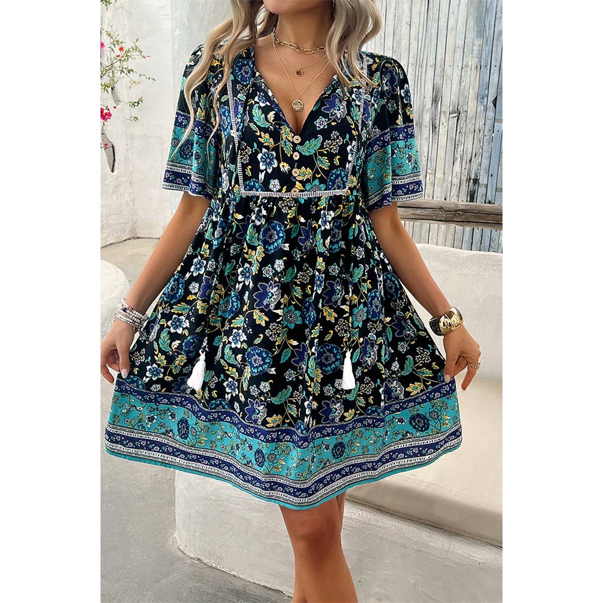 Floral V Neck High Waist Tassel Ruffle Dress - MVTFASHION.COM