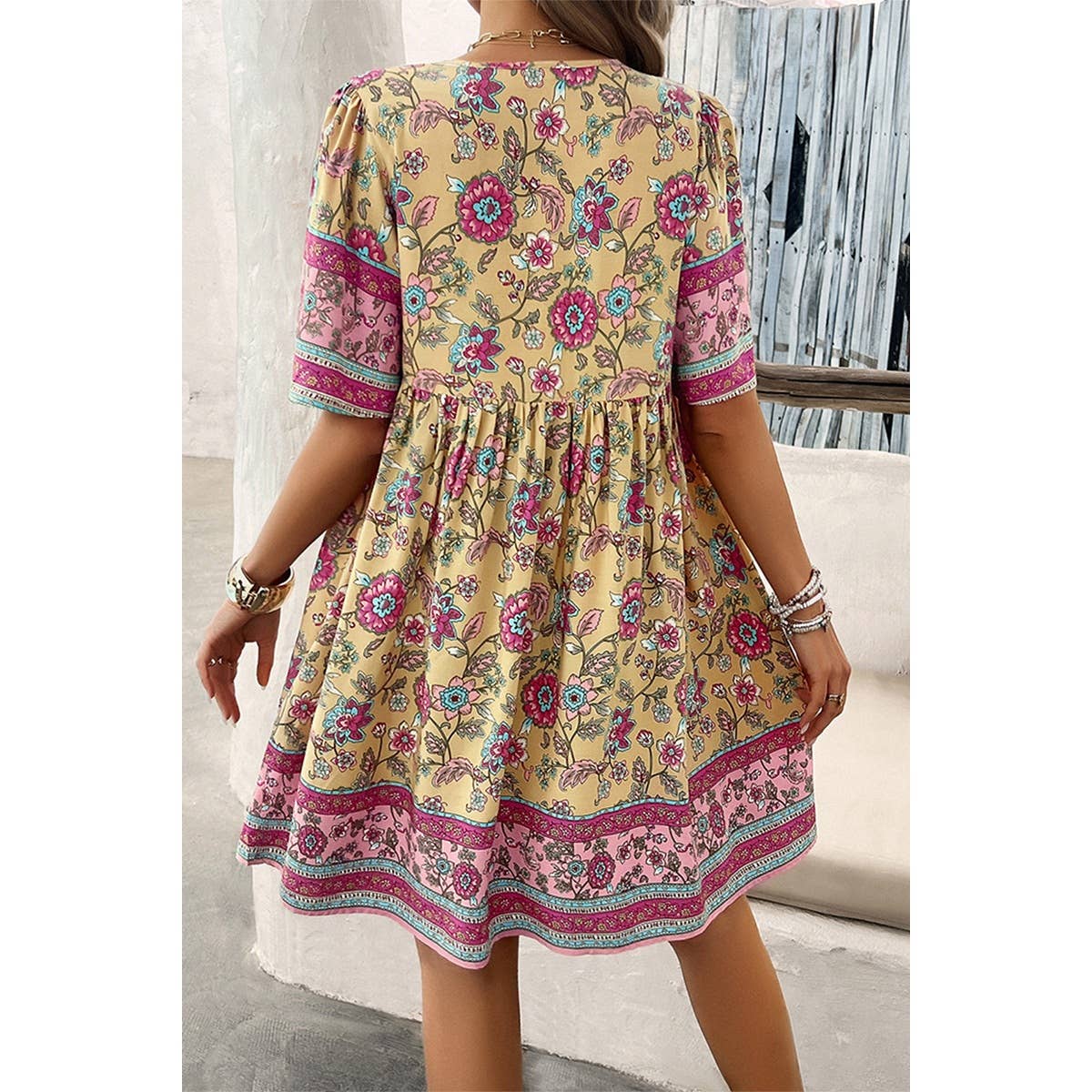 Floral V Neck High Waist Tassel Ruffle Dress - MVTFASHION.COM