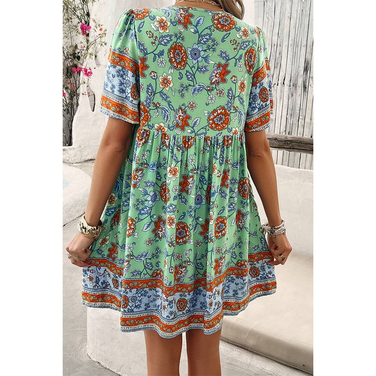 Floral V Neck High Waist Tassel Ruffle Dress - MVTFASHION.COM