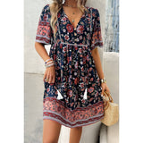 Floral V Neck High Waist Tassel Ruffle Dress - MVTFASHION.COM