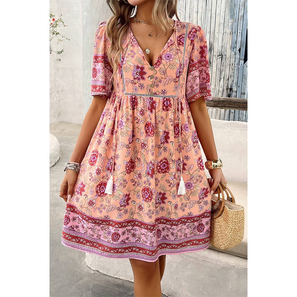 Floral V Neck High Waist Tassel Ruffle Dress - MVTFASHION.COM