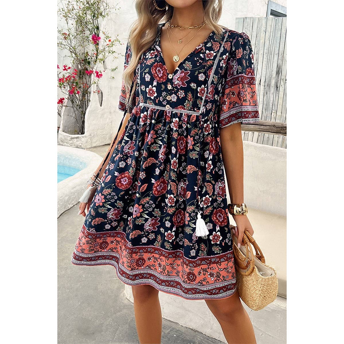 Floral V Neck High Waist Tassel Ruffle Dress - MVTFASHION.COM