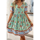 Floral V Neck High Waist Tassel Ruffle Dress - MVTFASHION.COM