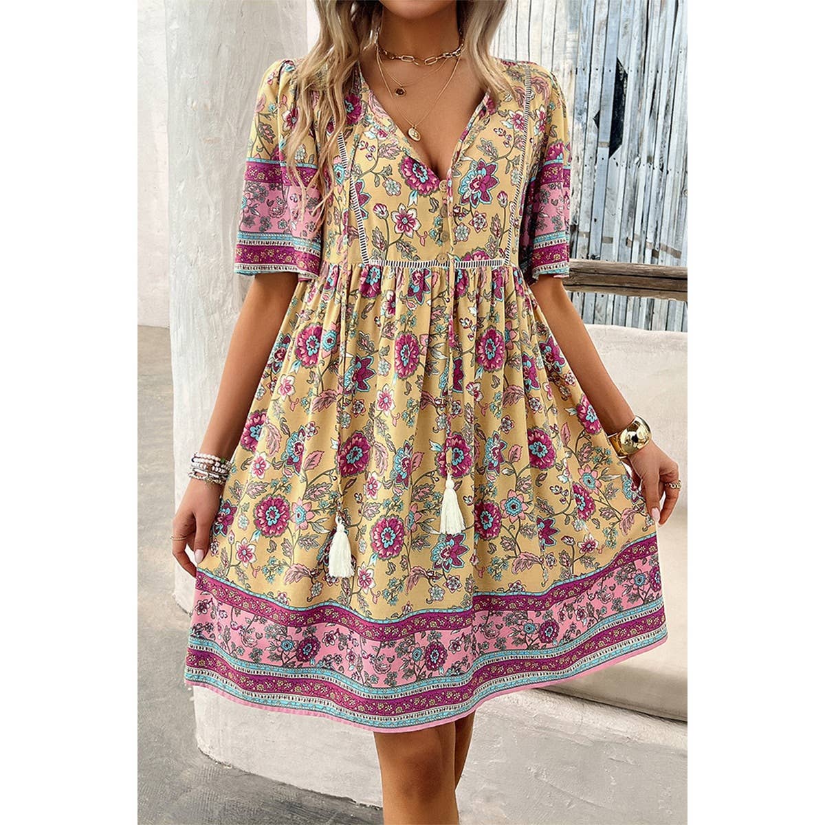 Floral V Neck High Waist Tassel Ruffle Dress - MVTFASHION.COM