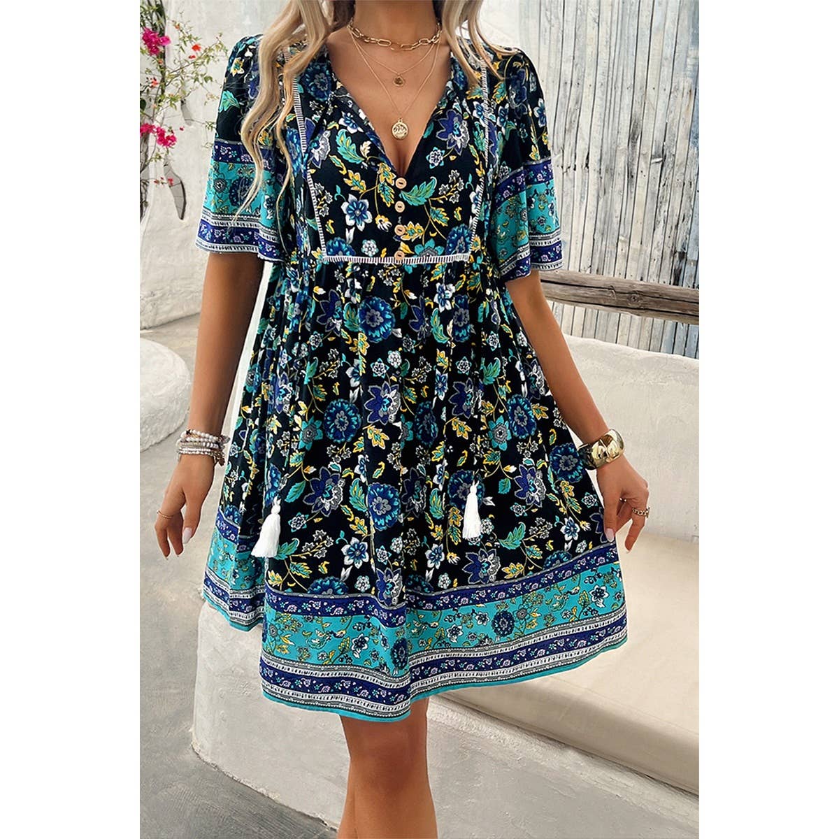 Floral V Neck High Waist Tassel Ruffle Dress - MVTFASHION.COM