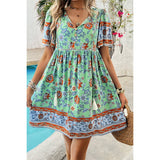 Floral V Neck High Waist Tassel Ruffle Dress - MVTFASHION.COM