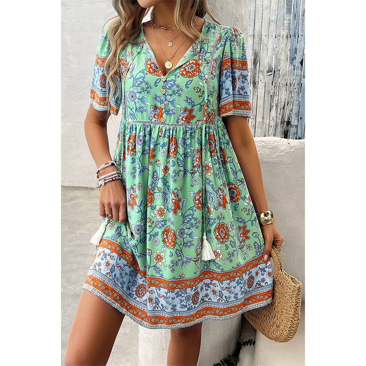 Floral V Neck High Waist Tassel Ruffle Dress - MVTFASHION.COM