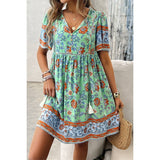 Floral V Neck High Waist Tassel Ruffle Dress - MVTFASHION.COM