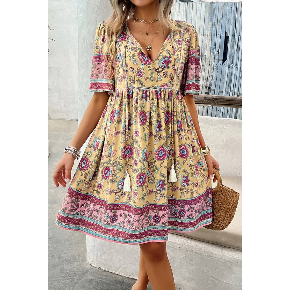 Floral V Neck High Waist Tassel Ruffle Dress - MVTFASHION.COM