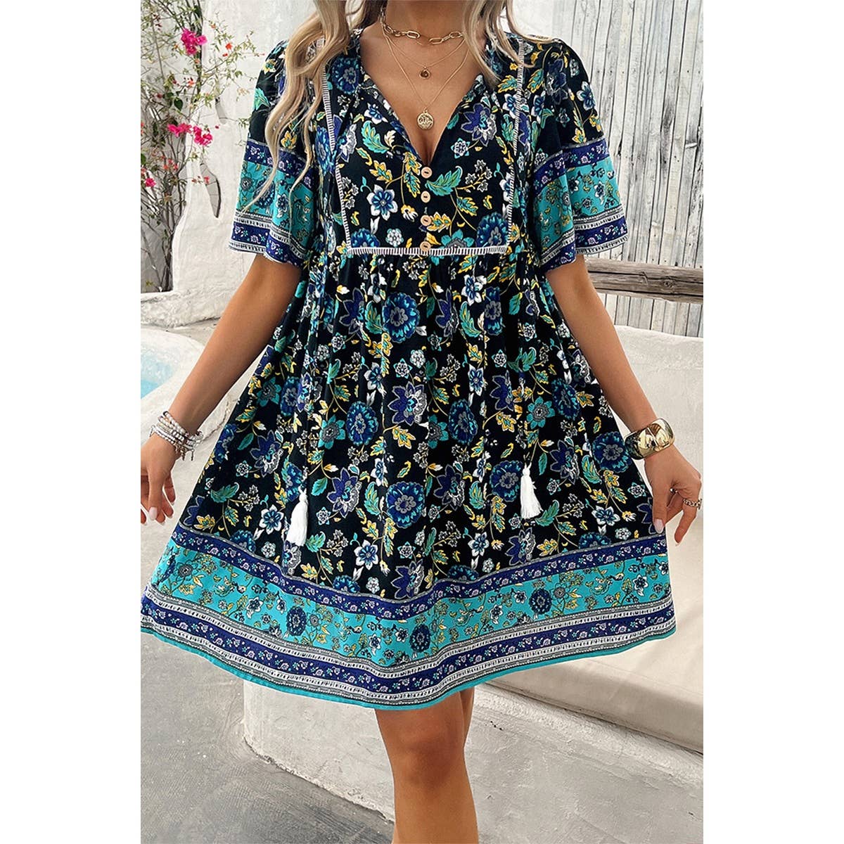 Floral V Neck High Waist Tassel Ruffle Dress - MVTFASHION.COM