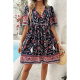 Floral V Neck High Waist Tassel Ruffle Dress - MVTFASHION.COM