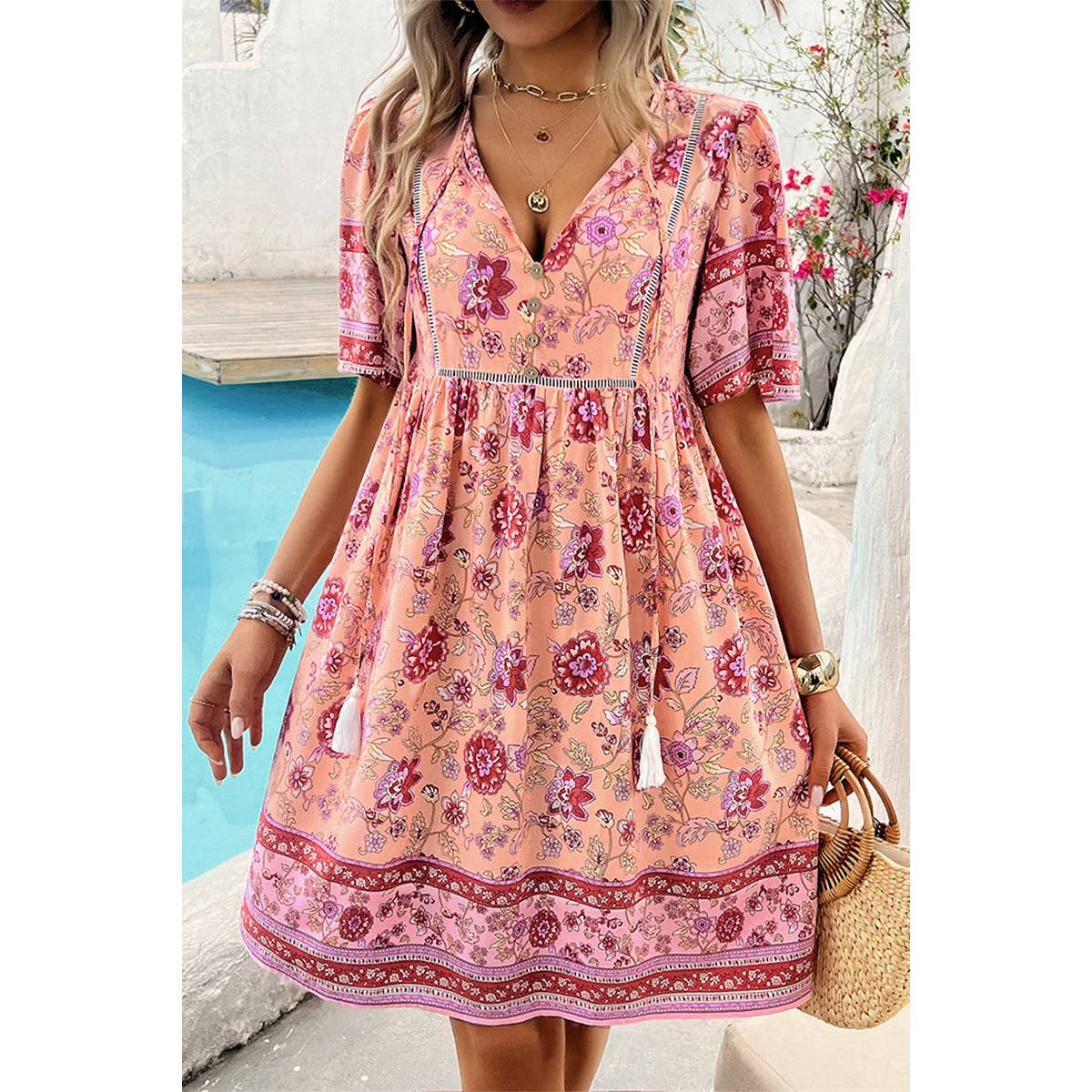 Floral V Neck High Waist Tassel Ruffle Dress - MVTFASHION.COM