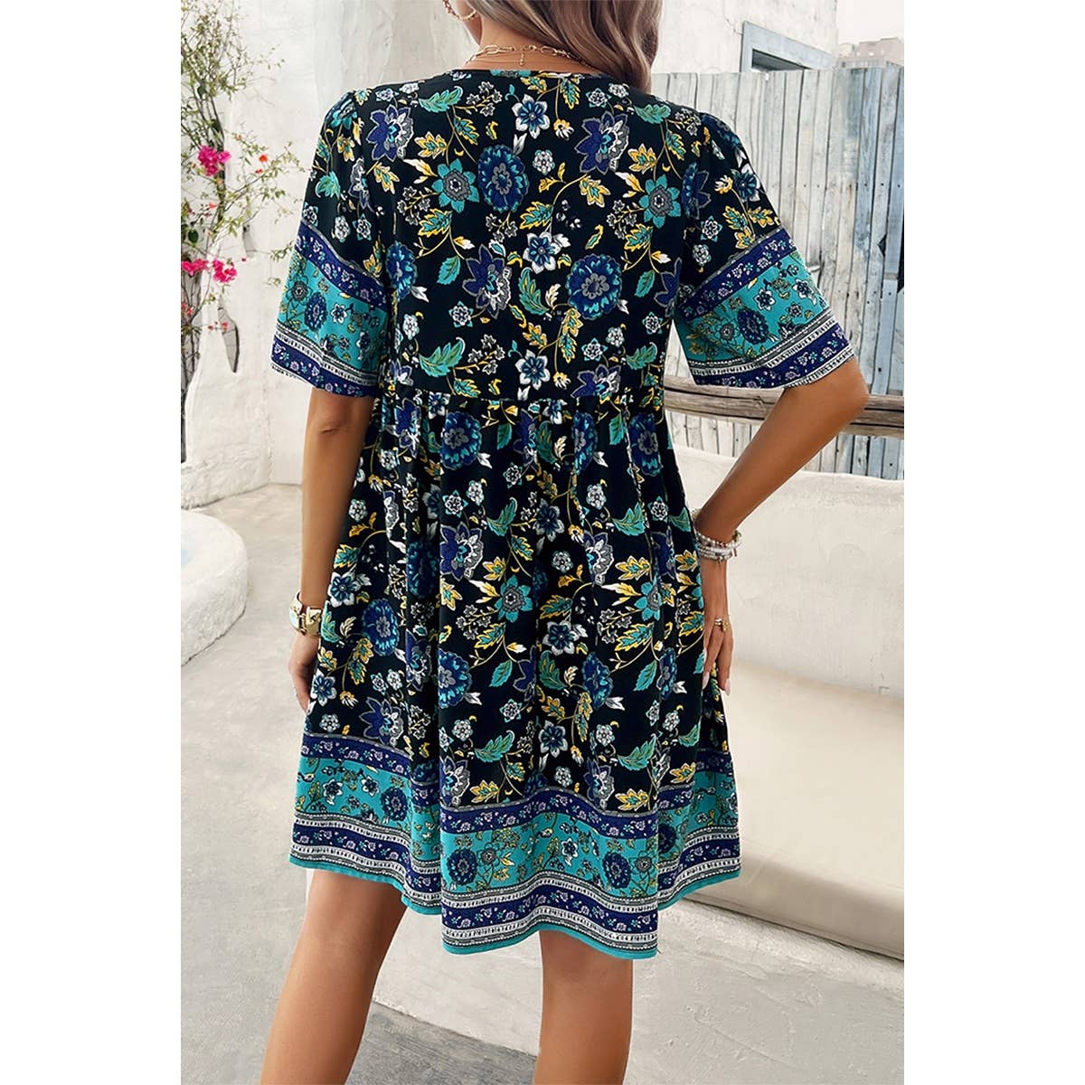 Floral V Neck High Waist Tassel Ruffle Dress - MVTFASHION.COM