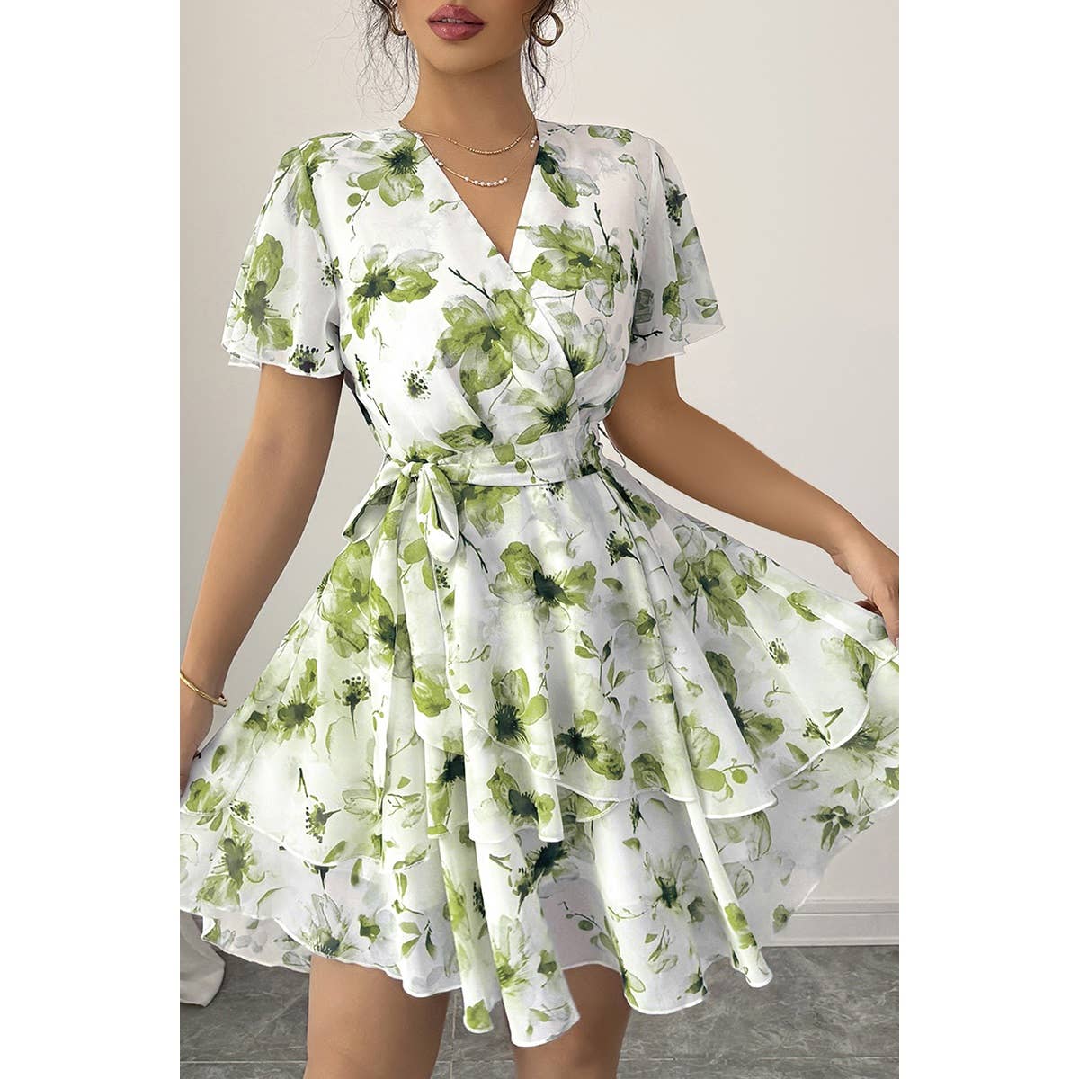 Floral V Neck Ruffle Sleeve Tie Belt Dress - MVTFASHION.COM