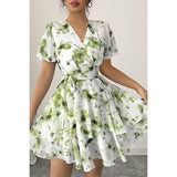 Floral V Neck Ruffle Sleeve Tie Belt Dress - MVTFASHION.COM