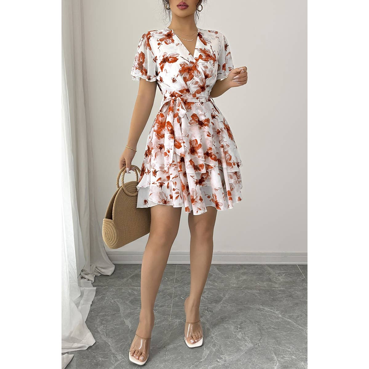 Floral V Neck Ruffle Sleeve Tie Belt Dress - MVTFASHION.COM