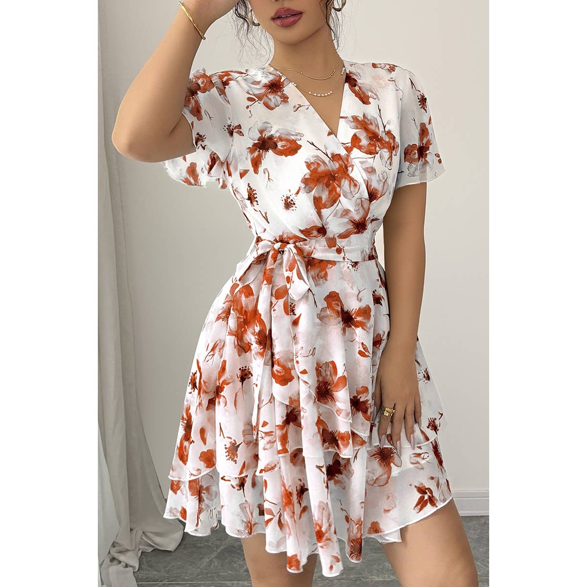 Floral V Neck Ruffle Sleeve Tie Belt Dress - MVTFASHION.COM