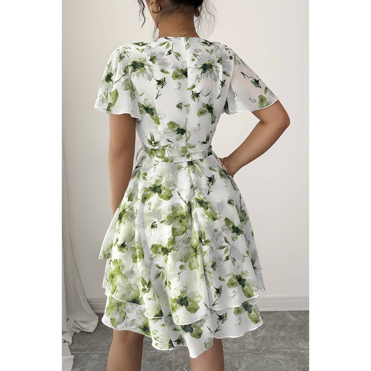 Floral V Neck Ruffle Sleeve Tie Belt Dress - MVTFASHION.COM