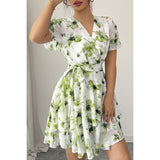 Floral V Neck Ruffle Sleeve Tie Belt Dress - MVTFASHION.COM