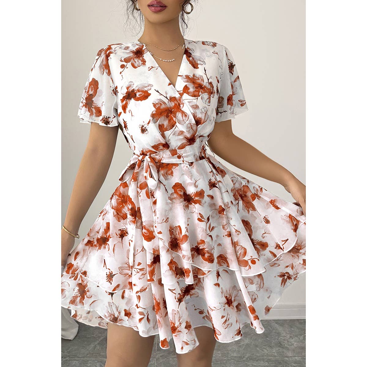 Floral V Neck Ruffle Sleeve Tie Belt Dress - MVTFASHION.COM