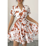Floral V Neck Ruffle Sleeve Tie Belt Dress - MVTFASHION.COM