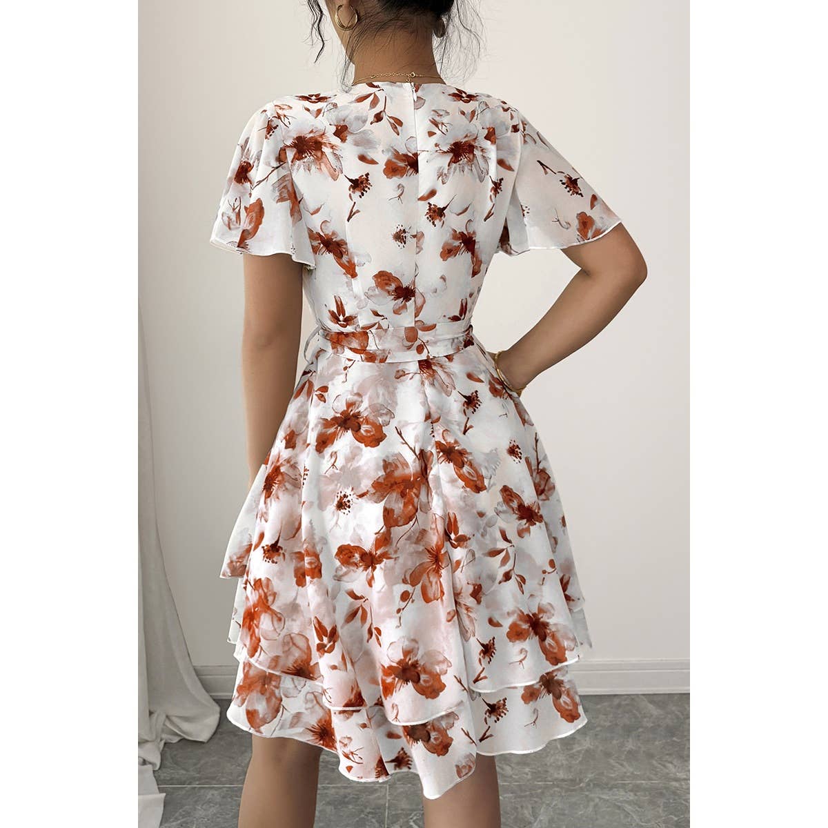 Floral V Neck Ruffle Sleeve Tie Belt Dress - MVTFASHION.COM