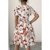 Floral V Neck Ruffle Sleeve Tie Belt Dress - MVTFASHION.COM
