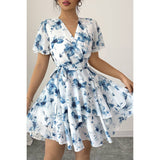 Floral V Neck Ruffle Sleeve Tie Belt Dress - MVTFASHION.COM