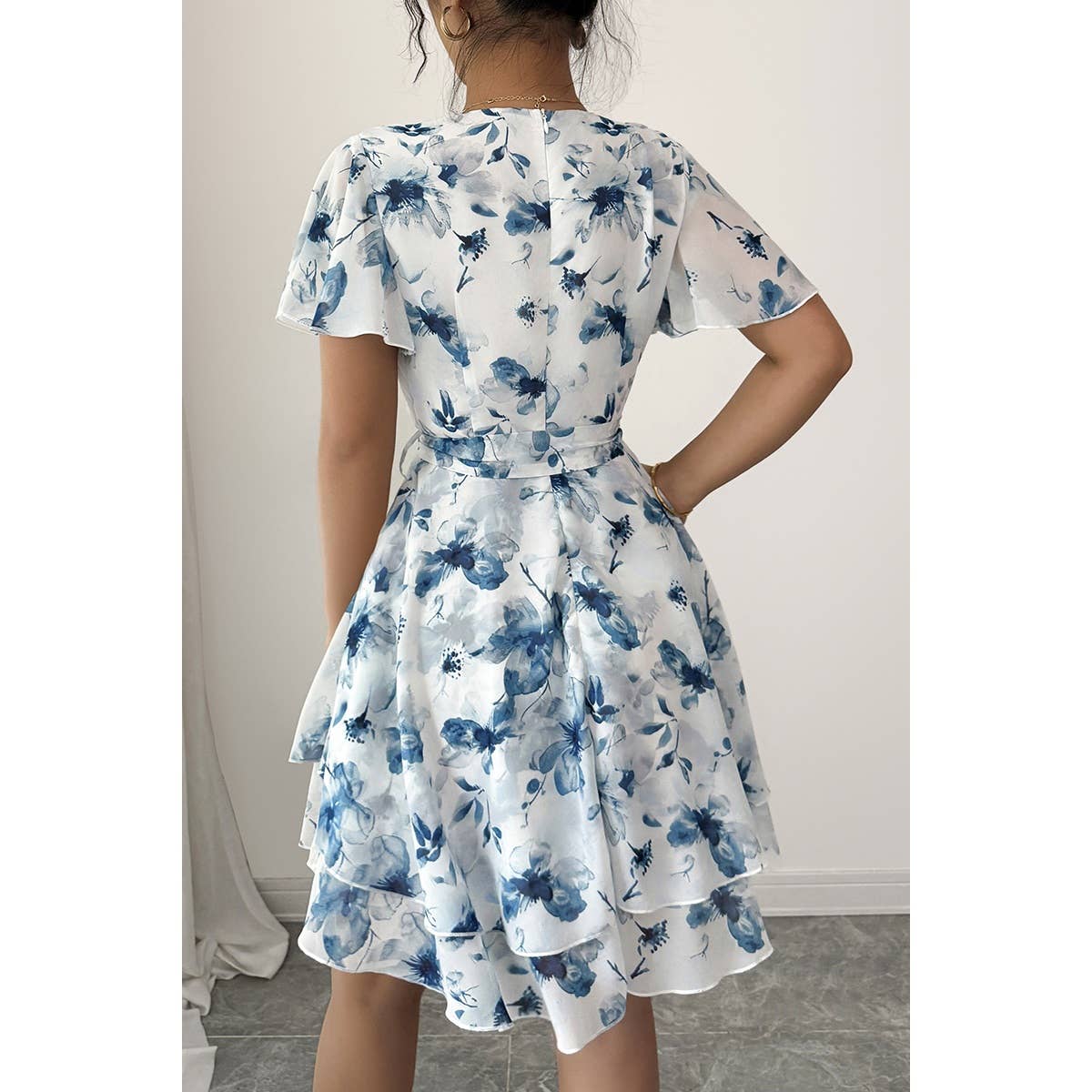 Floral V Neck Ruffle Sleeve Tie Belt Dress - MVTFASHION.COM