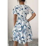 Floral V Neck Ruffle Sleeve Tie Belt Dress - MVTFASHION.COM
