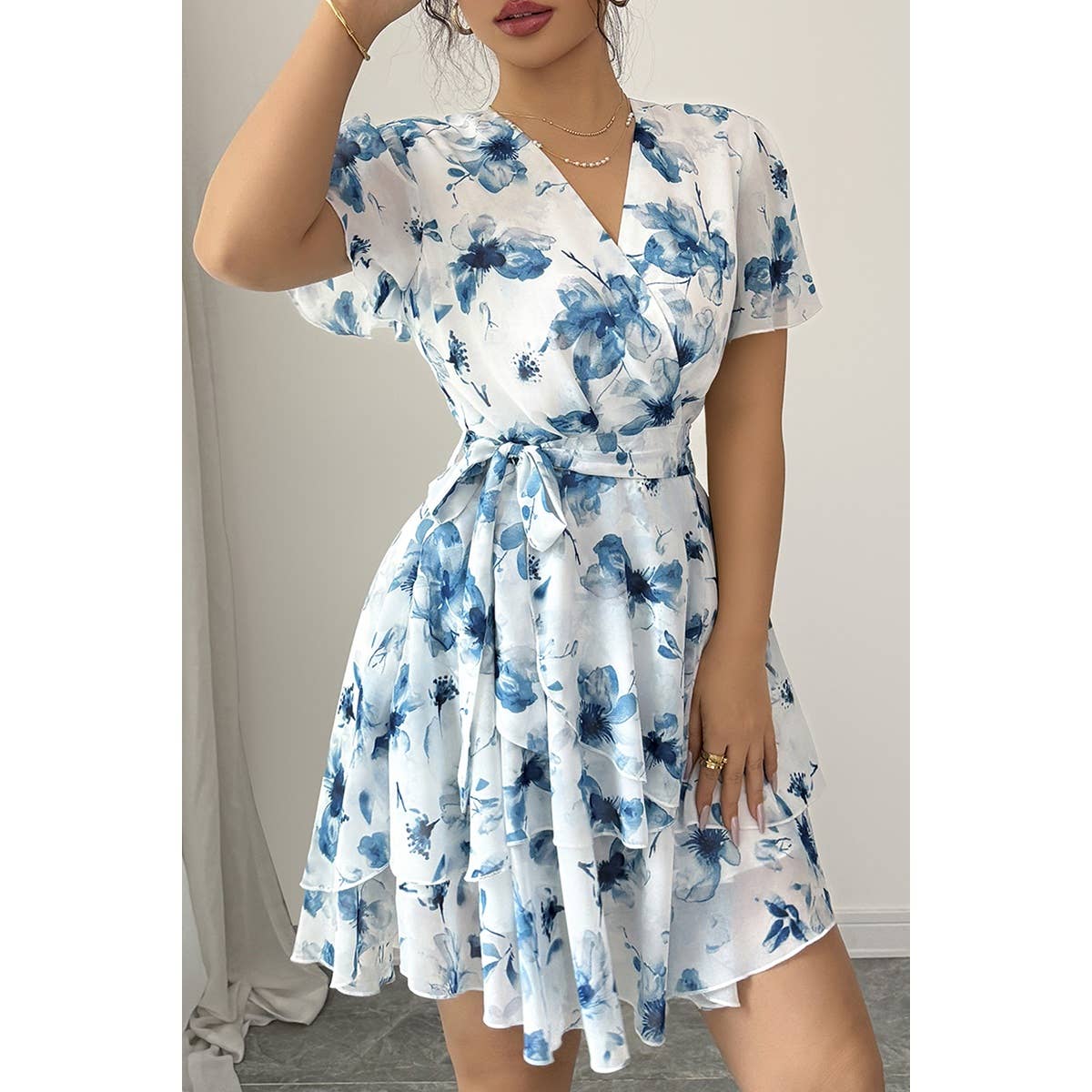 Floral V Neck Ruffle Sleeve Tie Belt Dress - MVTFASHION.COM