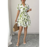 Floral V Neck Ruffle Sleeve Tie Belt Dress - MVTFASHION.COM