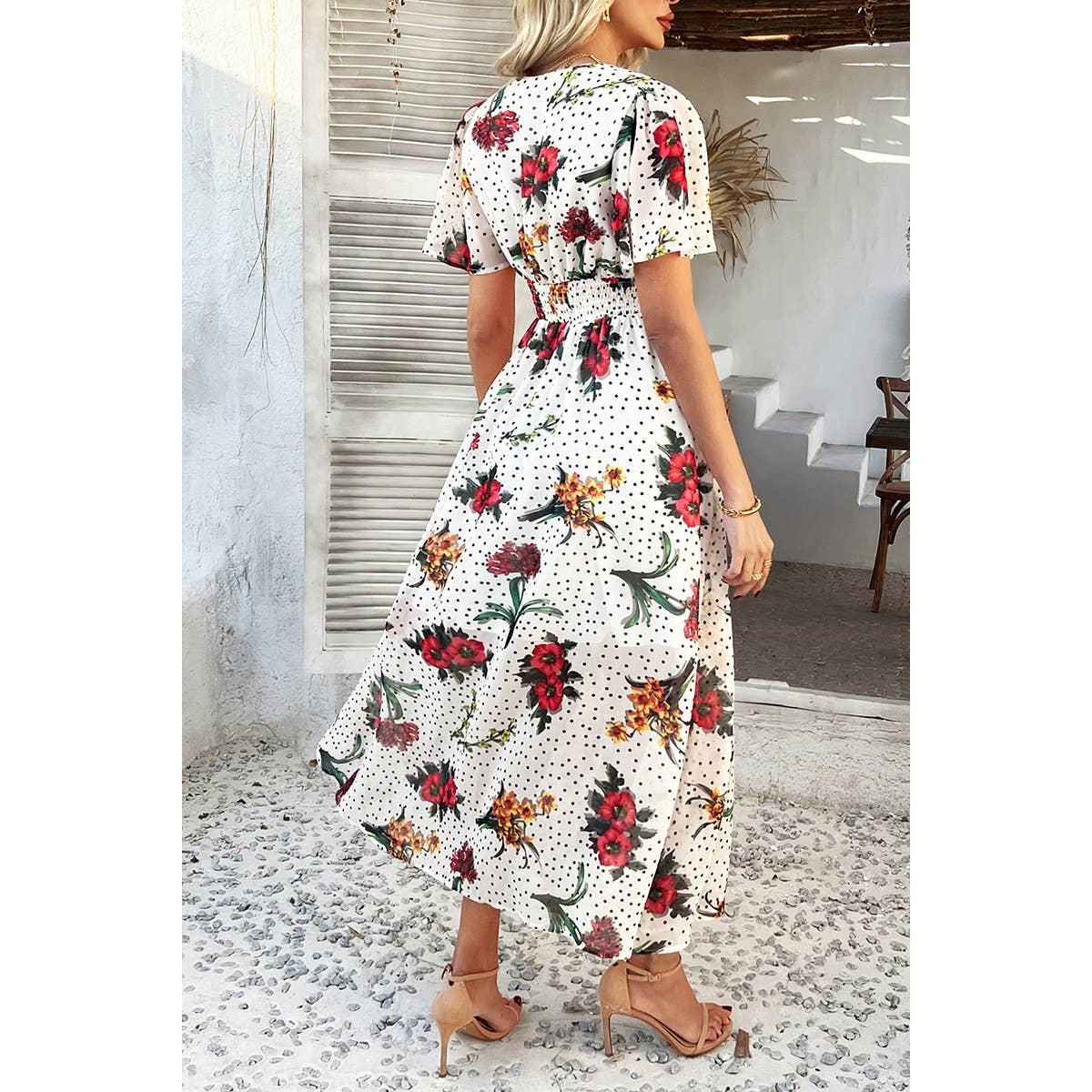 Floral V Neck Short Sleeve Tied Wrap Dress - MVTFASHION.COM