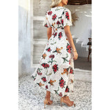 Floral V Neck Short Sleeve Tied Wrap Dress - MVTFASHION.COM