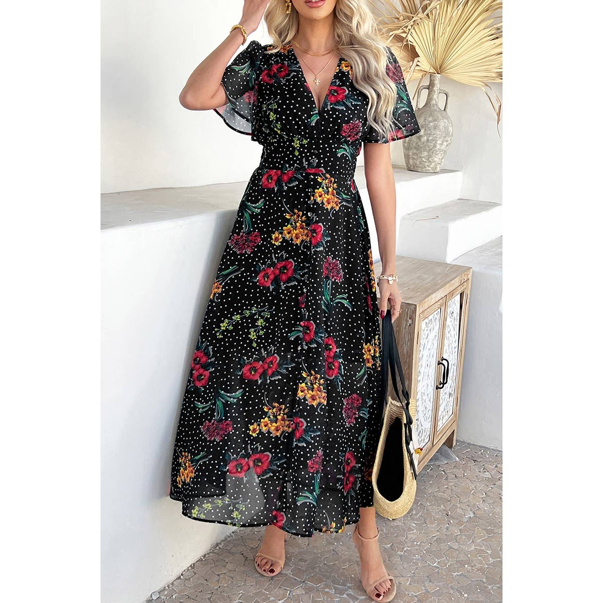 Floral V Neck Short Sleeve Tied Wrap Dress - MVTFASHION.COM