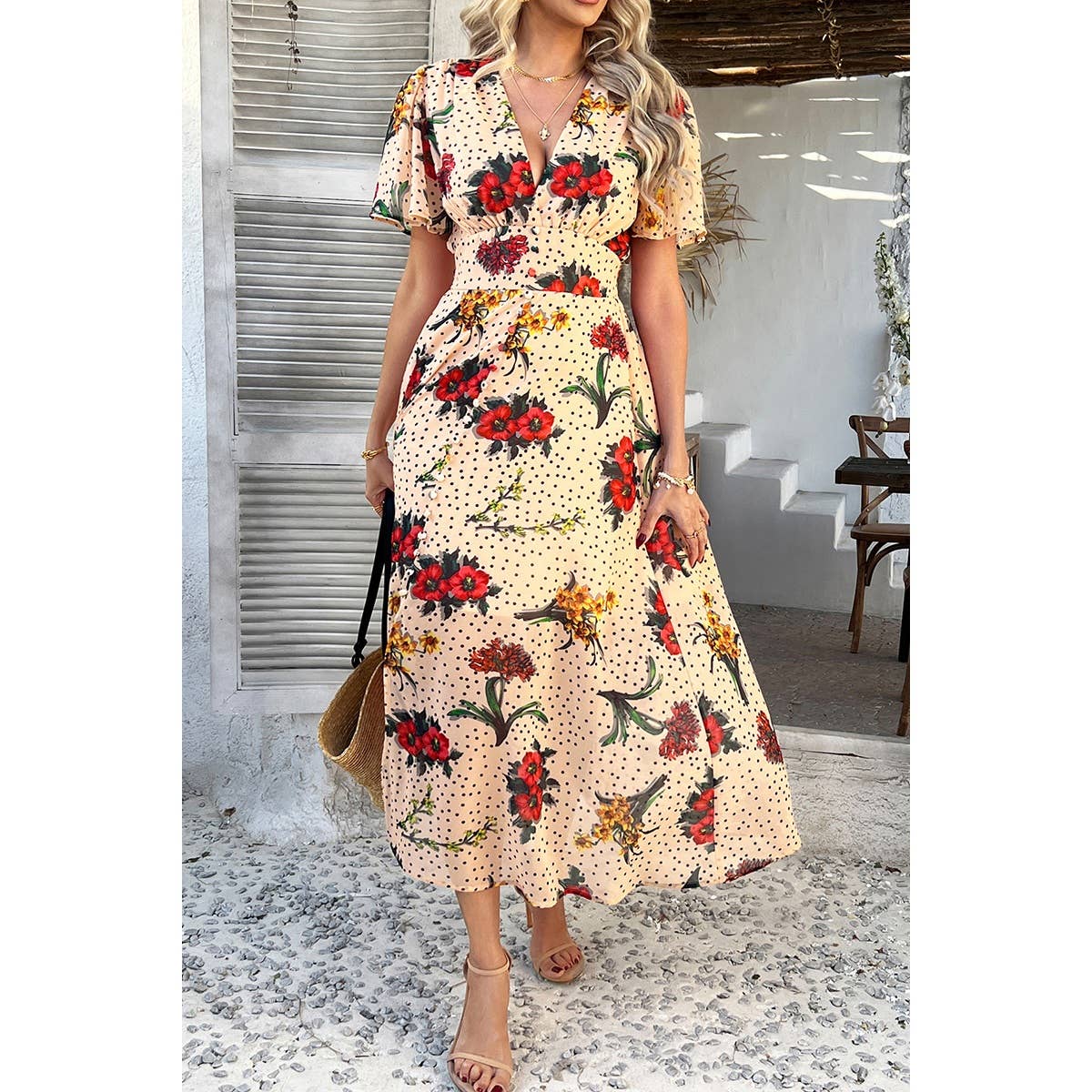Floral V Neck Short Sleeve Tied Wrap Dress - MVTFASHION.COM